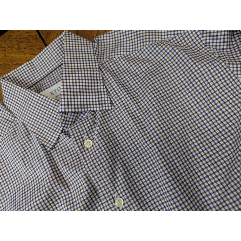 Eton Men's Dress Shirt Size 17 43 Contemporary Blue & Brown Check XL Fine Twill